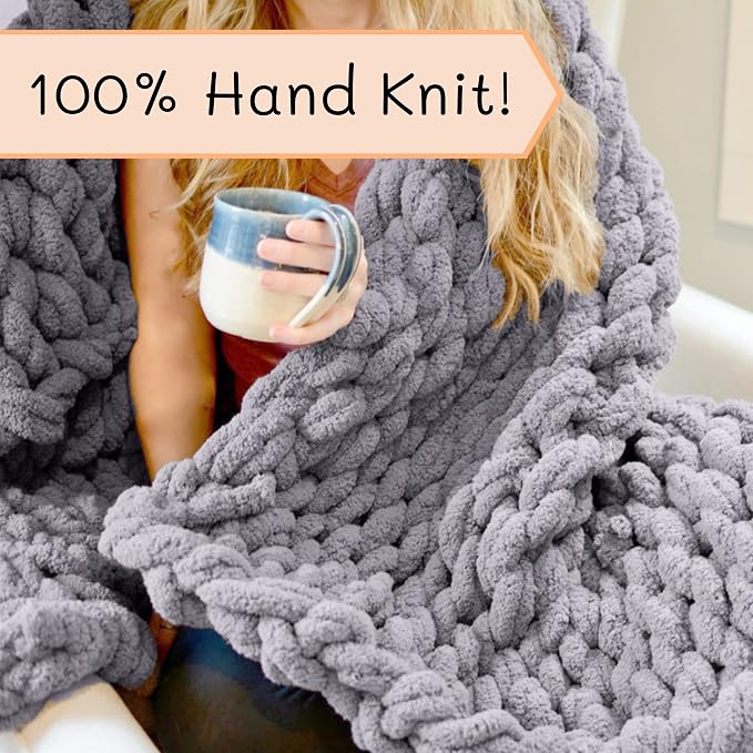 Adyrescia Chunky Knit Blanket Throw | 100% Hand Knit with Jumbo Chenille Yarn (40"x50", Lilac Gray)