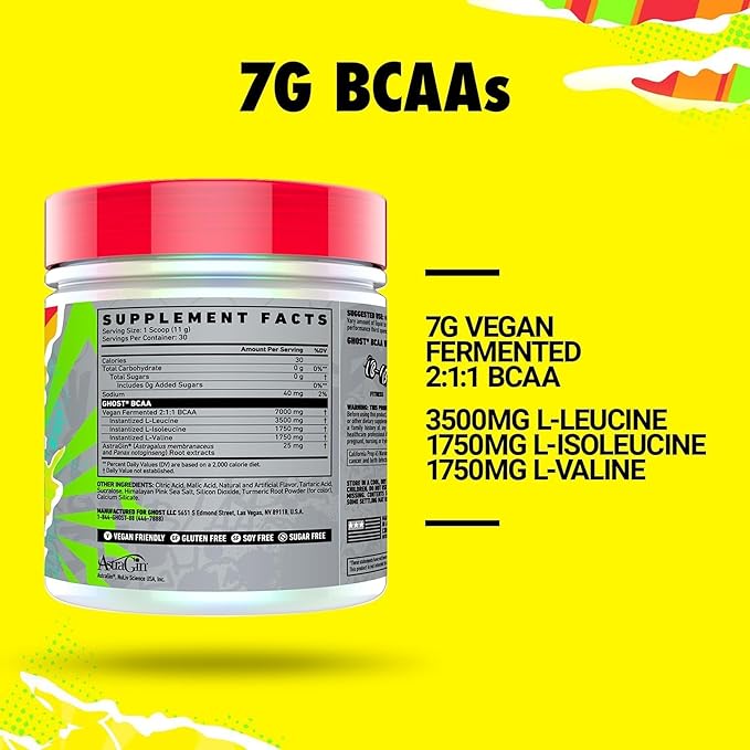 GHOST BCAA Powder Amino Acids Supplement, Lemon Crush - 30 Servings - Sugar-Free Intra, Post & Pre Workout Amino Powder & Recovery Drink, 7G BCAA