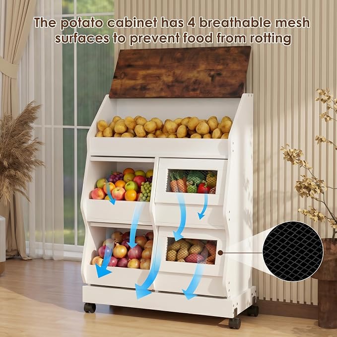 ARTETHYS Potato and Onion Storage Bin with Wheels, 3 Tier Bread Container with Lid, Ventilated Vegetable Organization Cabinet for Kitchen