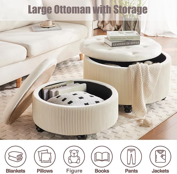 Round Ottoman with Storage Set of 2 Upholstered Velvet Vanity Stool for Living Room Storage Ottomans Multifunctional Foot Rest (Large-Off White)