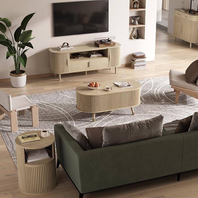 JOINICE 42.5" Oval Lift Top Coffee Table with Storage, Modern Oak Center Table with Fluted Design, Solid Wood Legs & Hidden Compartment, Pop Up Coffee Table for Living Roomm