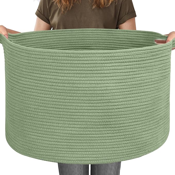 MEGASKET 115L Oversized Green Basket, 23.6"x15.7" Woven Cotton Rope Bin for Blankets, Nursery Wicker Laundry Hamper, Kids Toy Storage Bin, Sage Green Living Room Bedroom Decor Baskets for Organizing