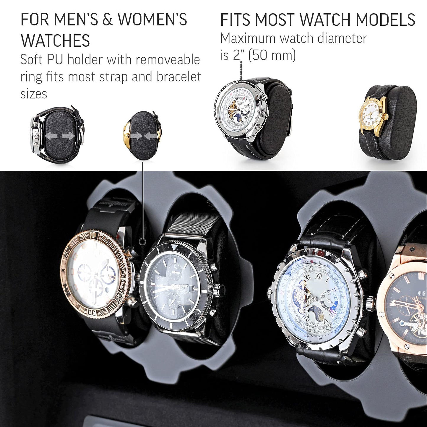4 Watch Winder with 5 Watch Storage Space, LCD Display, Touch Control and Interior Light (Ebony + Black Velvet)