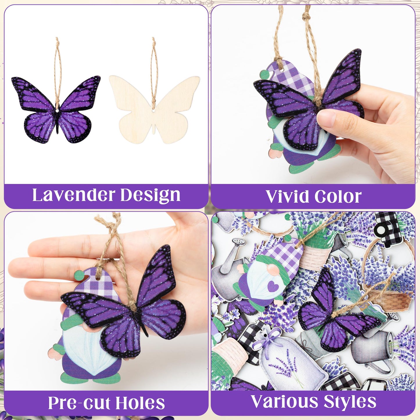 WATINC 37pcs Lavender Wood Hanging Ornament - Spring Summer Wooden Flowers Crafts Hang Decorations, Gnome Floral Tree Ornaments with Rope for Home Kitchen Holiday Party Decor Supplies (12 Styles)