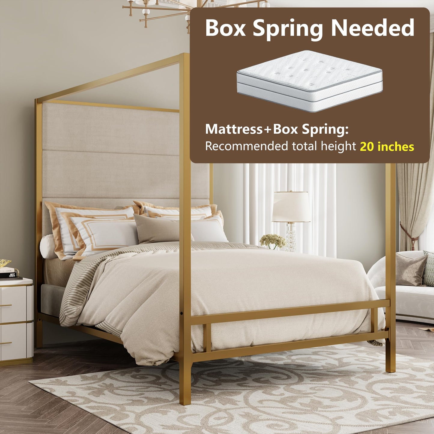 Merax Queen Size Gold Metal Canopy Bed Frame, Modern Upholstered Linen Headboard with Tall Back Support, 800 lbs Weight Capacity, Luxurious 4-Poster Bedroom Furniture for Modern Home, Gold+Tan