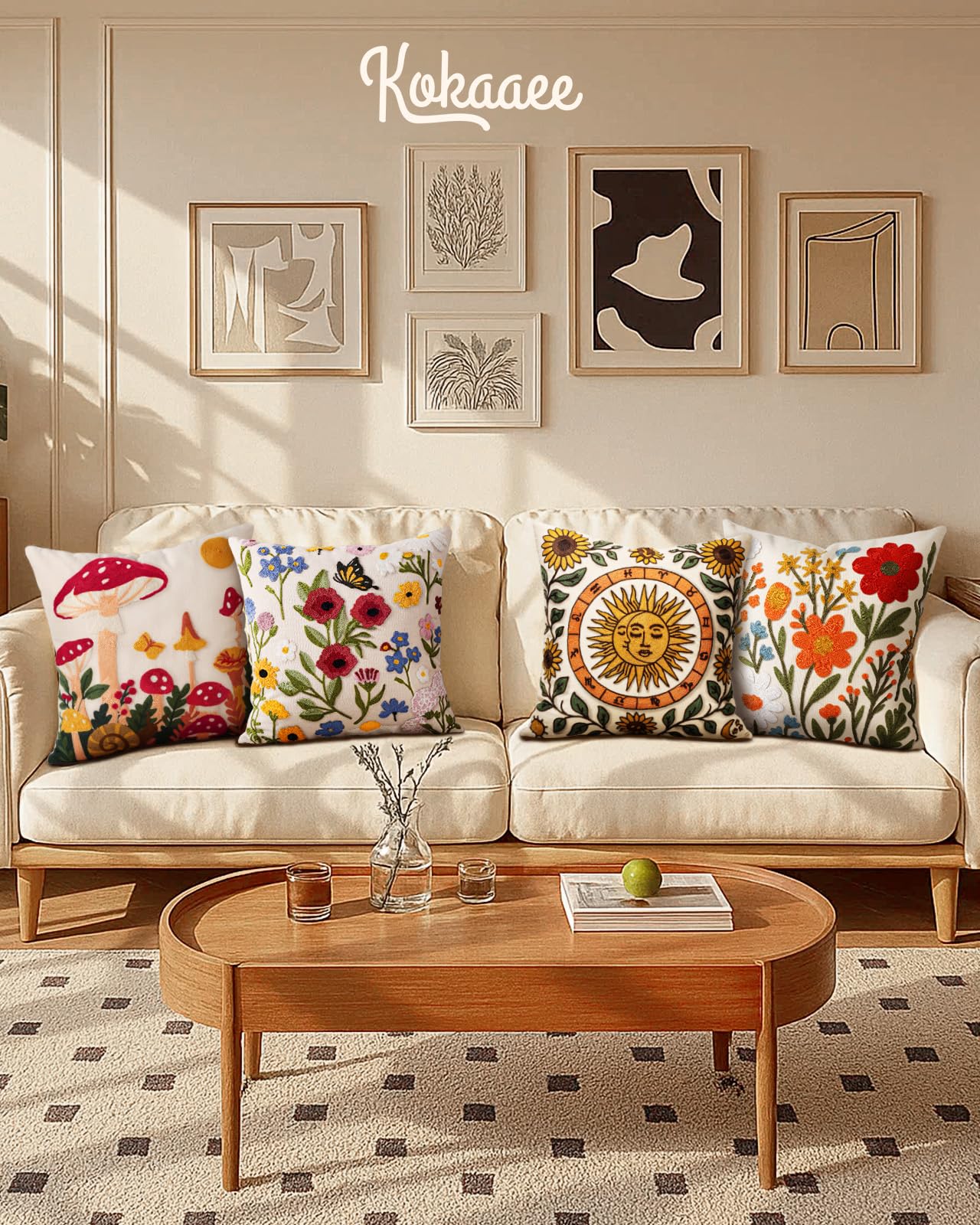 Kokaaee Embroidered Throw Pillow Cover 18x18 Inch - Spring Summer Boho Decorative Pillow Cover with Zipper for Living Room Couch Sofa Bed Aesthetic Design Retro Flower Cushion Pillowcase