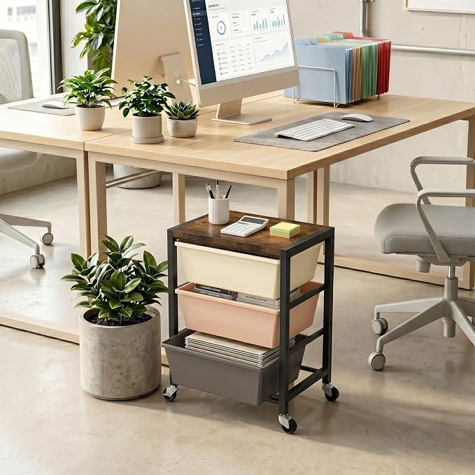 Rolling Cart with 3 Drawers, Plastic Drawer Storage Carts with Lockable Wheels & Wooden Tabletop, Metal Art Craft Utility Cart Organizer for Home Office Bedroom Dorm Bedside Classroom, Dark Brown
