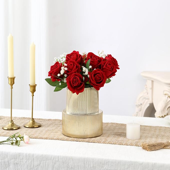 Ribbed Glass Vase, Flower Vase, Fluted Gold Vases for Flowers, Modern Vases for Living Room, Dining Table, Entryway, Shelf, Wedding, Office, Coffee Table, Birthday, 7.5 Inches