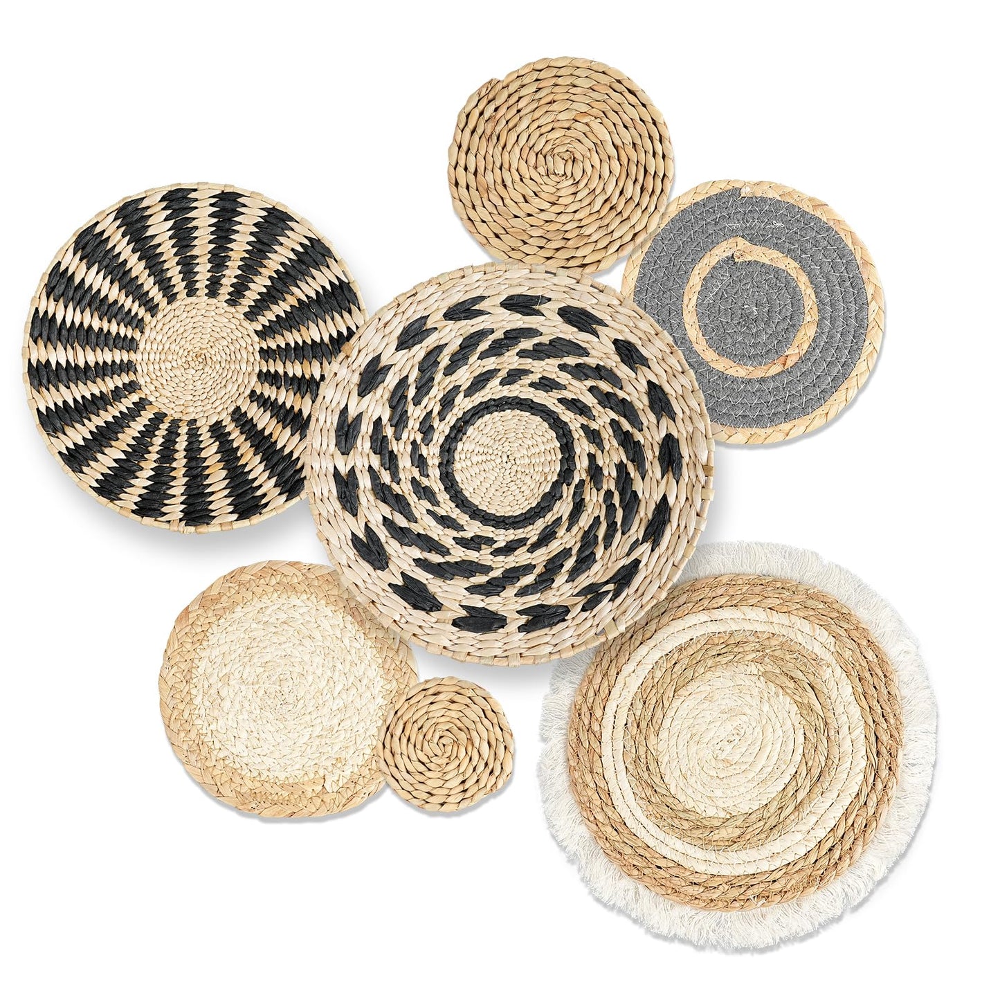 7PCS Boho Wall Baskets Set, Boho Wall Decor, Round Handmade Seagrass Rattan Wicker Wall Art Room Decor Hanging Wall Basket Decor for Farmhouse Living Room Bedroom Display Table Kitchen Home (Black)