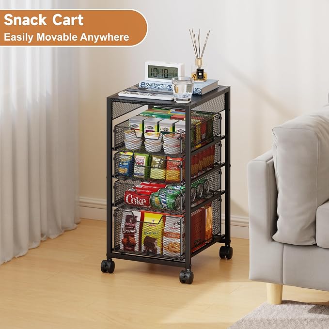 5-Tier Kitchen Utility Storage Cart with Adjustable Wood Top (Tabletop or Basket), Fruit Vegetable Storage Rack with Wheels & Drawers, Metal Rolling Pantry Cart, Kitchen Organizer for Snack Can Potato