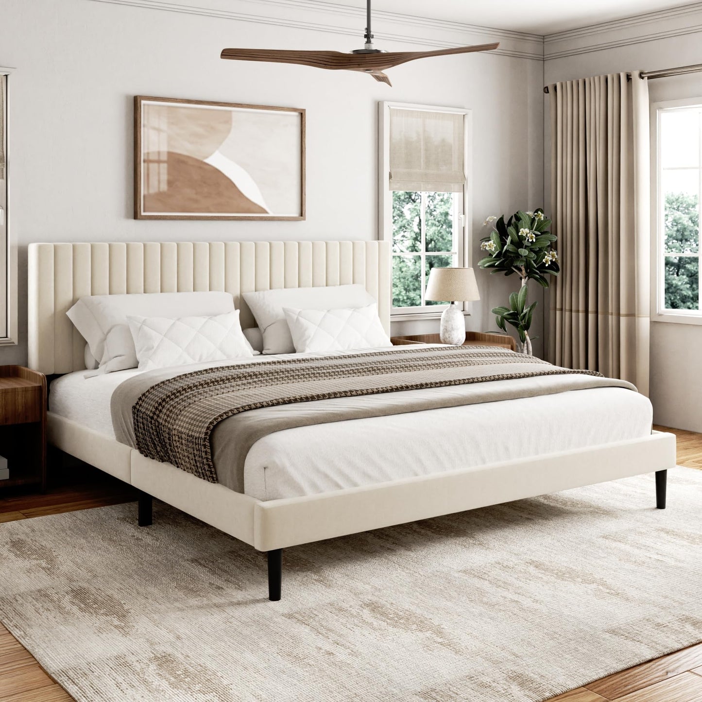 Sismplly King Size Bed Frame with Velvet Upholstered Headboard, Platform Bed with Strong Wood Slats, Mattress Foundation, Box Spring Optional, Easy Assembly, Beige