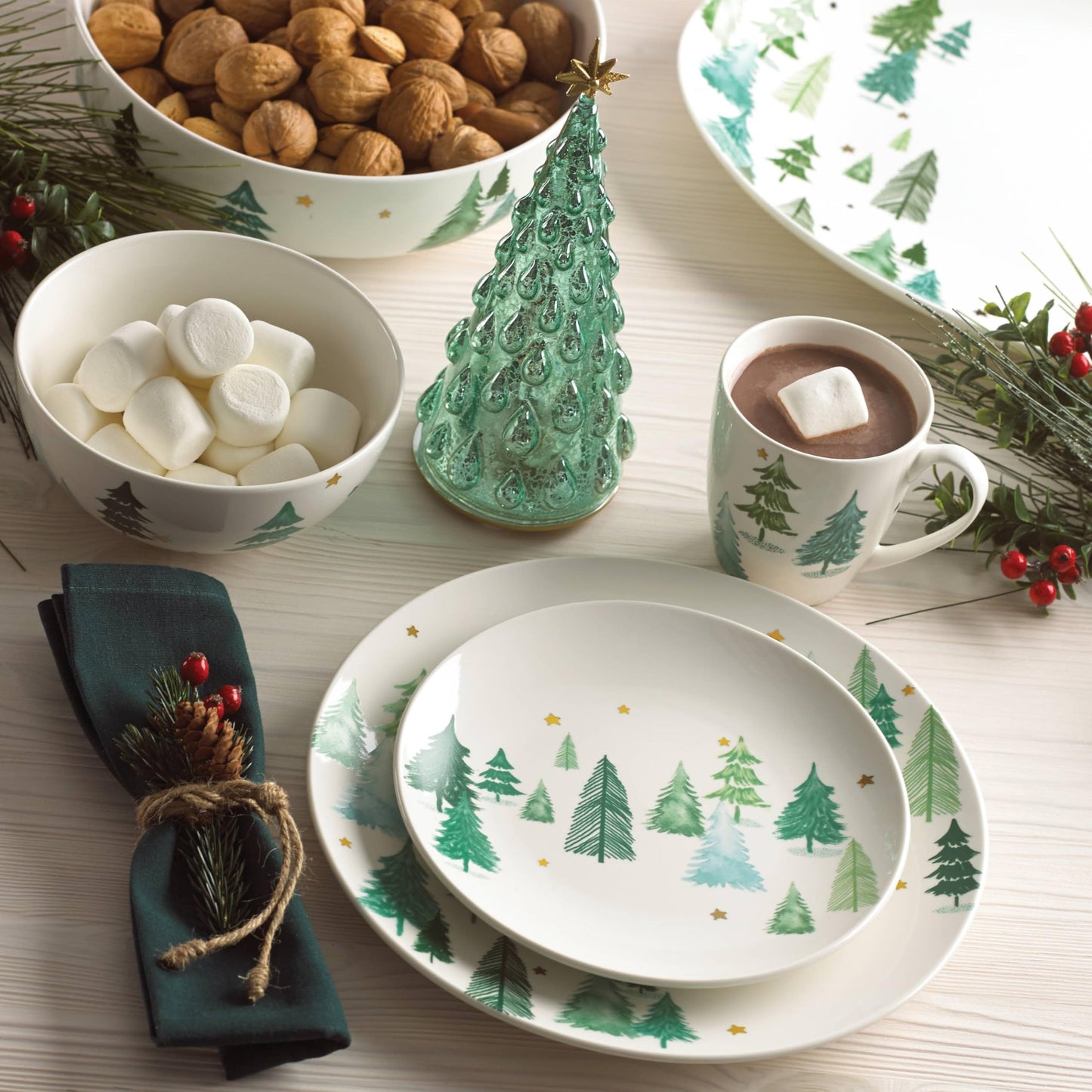 Lenox Dinnerware, Balsam Lane 12-Piece Dinnerware Set, Service For 4, Porcelain, Dishwasher & Microwave Safe, Plates & Bowls Sets, Christmas, Holiday Hosting, Home and Kitchen (White/Green, 12 Piece)
