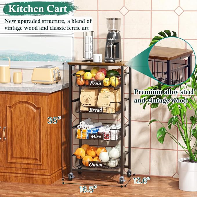 OKZEST Fruit Basket, 5-Tier Utility Kitchen Organizer and Storage Cart with Pull-Out Baskets and Wood Top, Rolling Pantry Kitchen Cart on Wheels for Fruit Potato Onion Vegetable Snack Produce