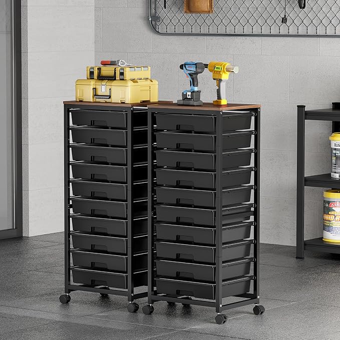 SYKIARIOL Rolling Cart with Drawers,10 Drawer Rolling Cart,Storage Cart,Utility Cart,Teacher Cart for Classroom Storage,Craft Cart with Wheels and Wooden Tabletop,Black