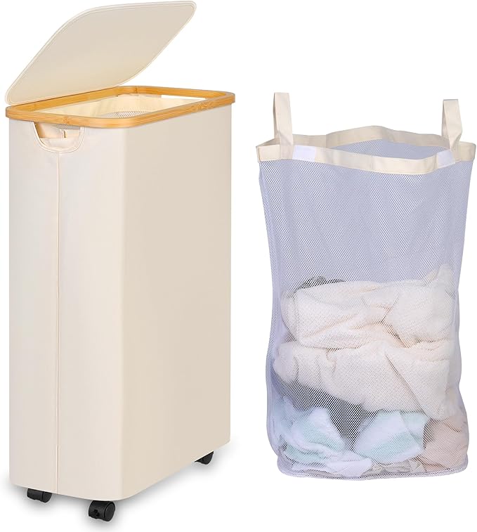 iEGrow Laundry Hamper with Lid, 75L Hamper with Wheels & Removable Bag, Slim Laundry Basket on Wheels with Bamboo Frame, Collapsible Rolling Clothes Hamper for Bedroom Dorm, Beige
