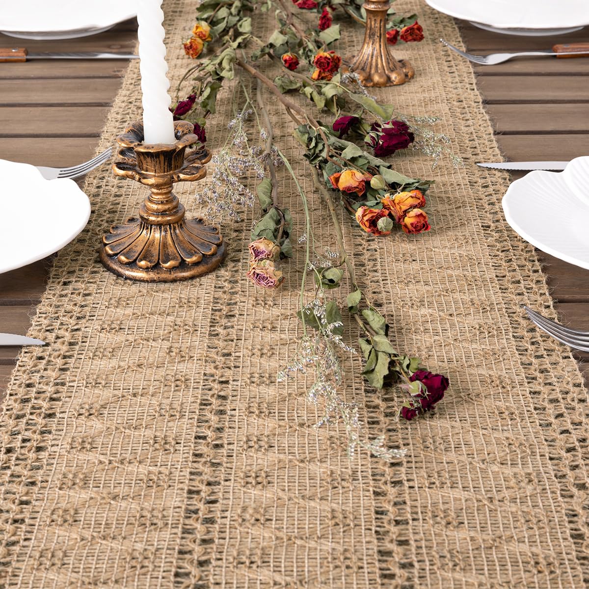Socomi Boho Table Runner Easter Spring Farmhouse Burlap Jute Bamboo Rustic Dining Kitchen Centerpiece Decor Small Macrame Woven Coffee Table Runner for Dresser Scarf Home Decor 12x36 inch