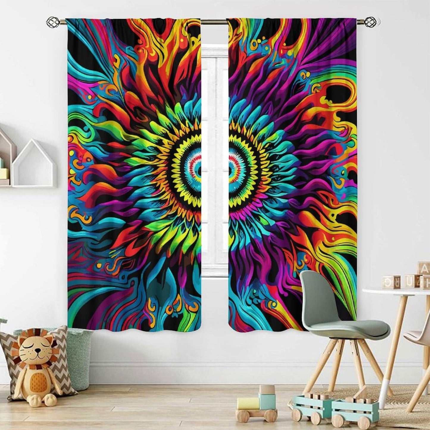 OVBOKEY Tie Dye Curtains - Boho Hippie Style with Rainbow Patterns for Bedroom & Living Room, Multicolor Swirl & Flame Design 2 Panels W42xL45 Inch