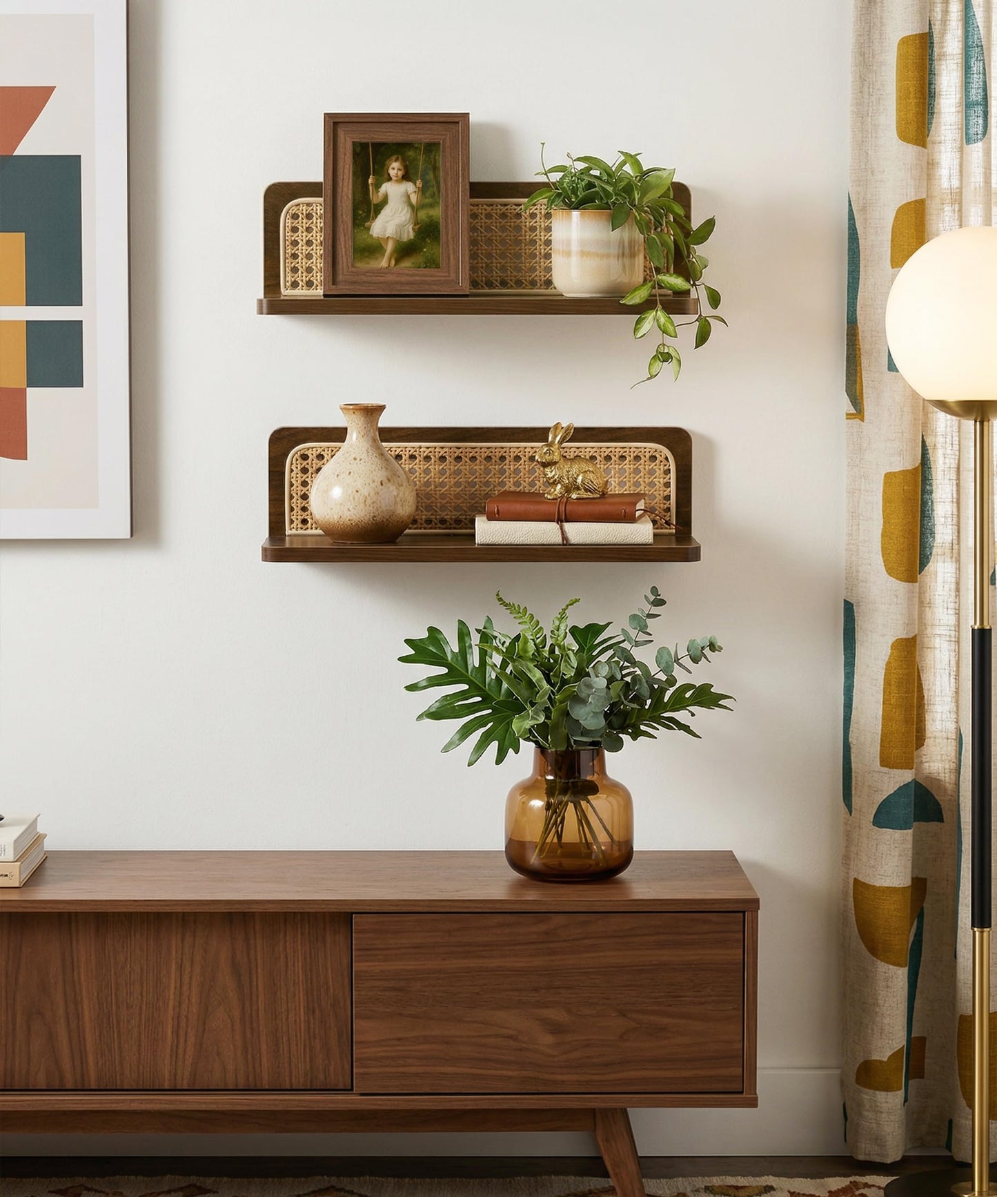 Mazjoaru Rattan Wall Shelf Mid Century Modern Decor Floating Shelves Walnut Boho Wall Decor Decorative Shelving Home Decor Living Room Bedroom Coffee Bar Bathroom Plant Photo 16inch