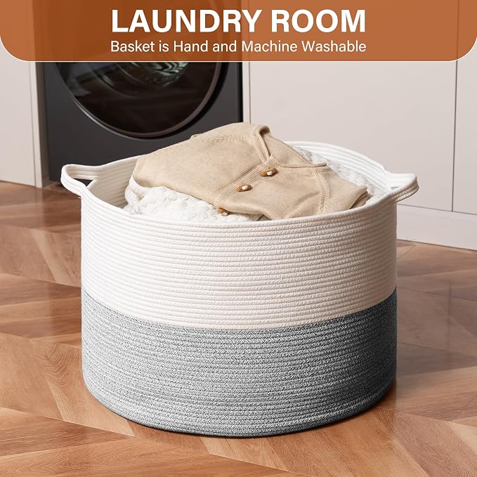 Foldable Laundry Hamper Basket with Collapsible Handle Cotton Rope Soft Woven Fabric Storage Organizer Clothes Toys Nursery Bedroom Dorm Space Saving Bin (White & Light Grey, 115L(23.6"D x 15.7"H))