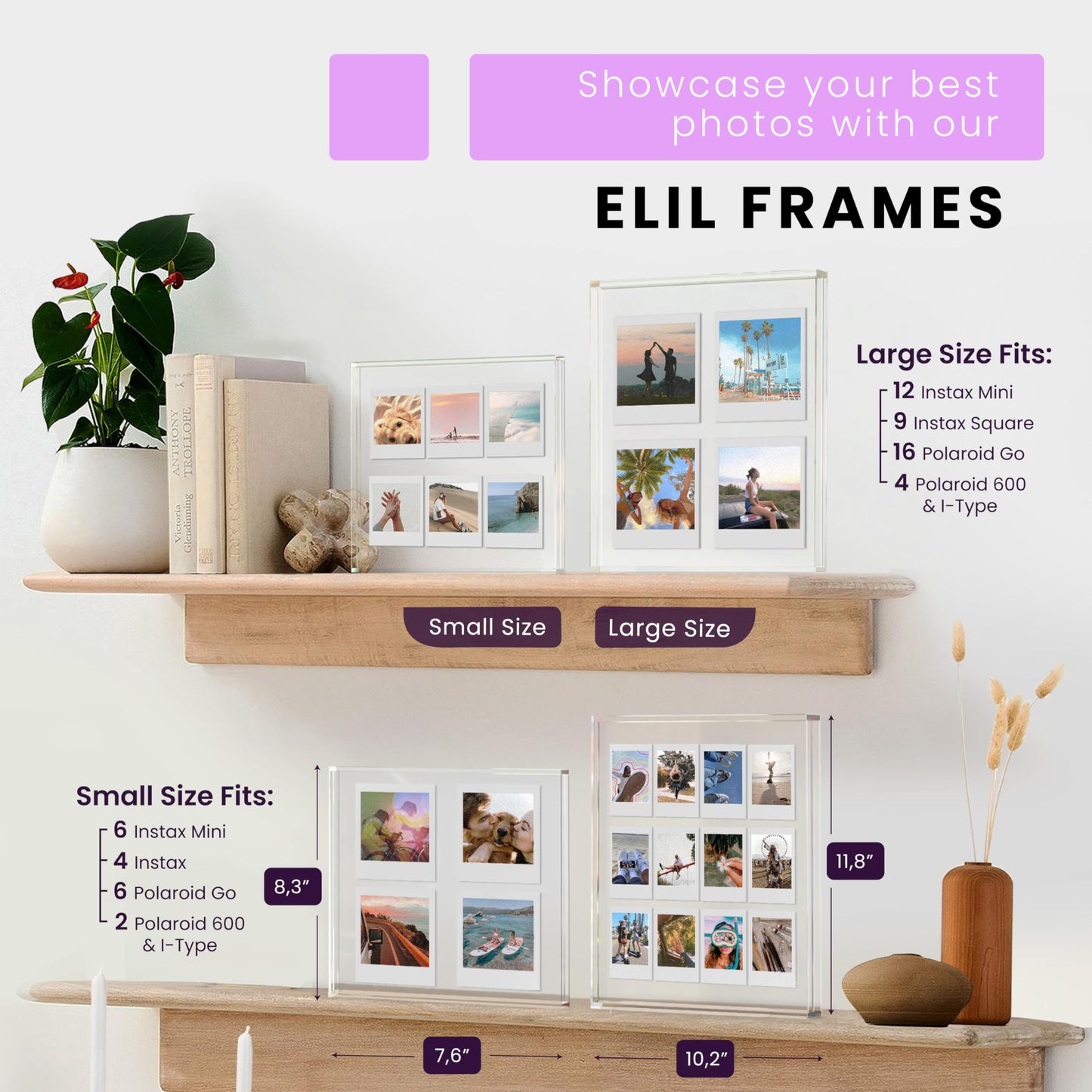 Elil Polaroid & Fujifilm Instax Frame – Clear Acrylic Floating Picture Frame 11.8" x 10.2" Holds 8x10 Photo or 12 Instax Mini Polaroid Go Prints Double-Sided Collage Display for Wedding & Graduation