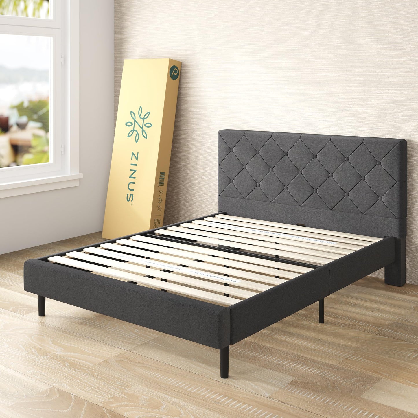 Zinus Queen Shalini Upholstered Platform Bed Frame with Headboard [New WonderBox(TM) Version], Wooden Slat Support, No Box Spring Needed, Easy Assembly, Eco Friendly Packaging, Dark Grey
