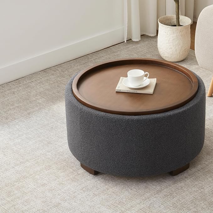 Zihanhome 30 Inch Round Storage Ottoman Coffee Table, Modern Boucle Ottoman with Lift-Off Lid and Solid Wood Legs for Living Room, Bedroom, Corners, Apartments (Grey)