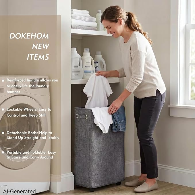 DOKEHOM 29-Inches Enlarged Slim Laundry Basket with Removable Wash Bag on Wheels, Collapsible Rolling Laundry Hamper, Foldable Narrow Corner Clothes Storage Bins (Linen Grey)