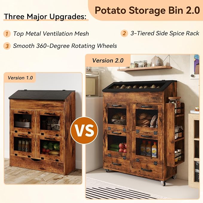 Verano Garden Large Potato and Onion Storage Bin on Wheels, Wood Bread Box w/Lid & Mesh Doors, 4-Tier Rolling Fruit and Vegetable Storage Organizer w/Grocery Section & Side Rack