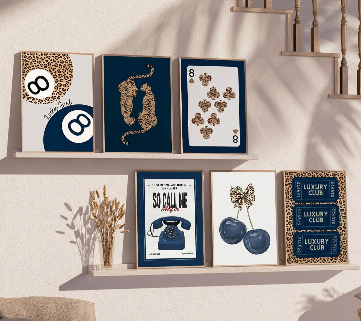 6Pcs Navy Blue Trendy Leopard Canvas Wall Art Fashion Lucky 8 Ball Painting pictures Preppy Y2K Aesthetics Wall Decor Trend Cheetah Prints Artwork for College Dorm Home Decoration 8x10in Unframed