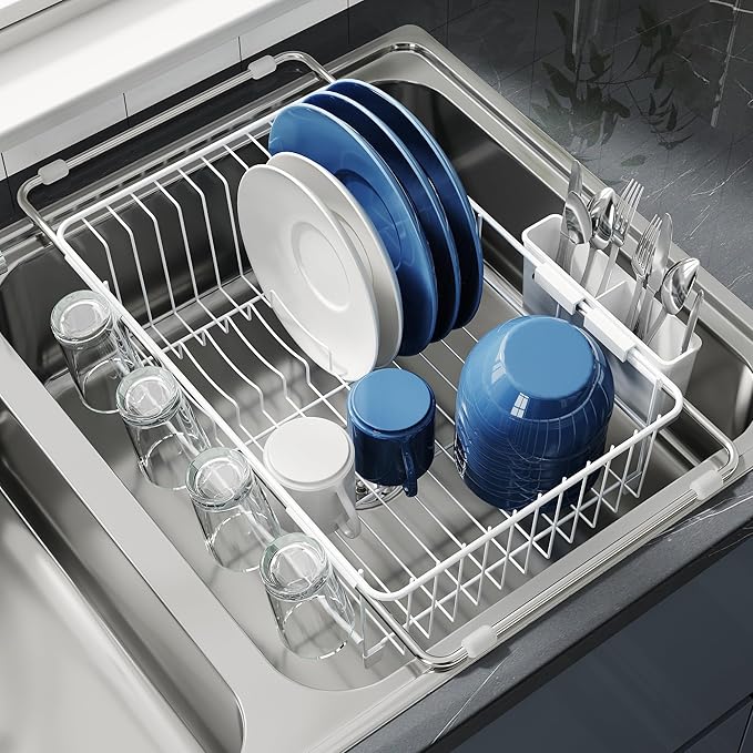 JASIWAY White Dish Drying Rack in Sink, Expandable Stainless Steel Dish Drainers for Kitchen Counter, Dish Dryer Rack for Inside Sink, Over The Sink Dish Racks with Utensil Holder