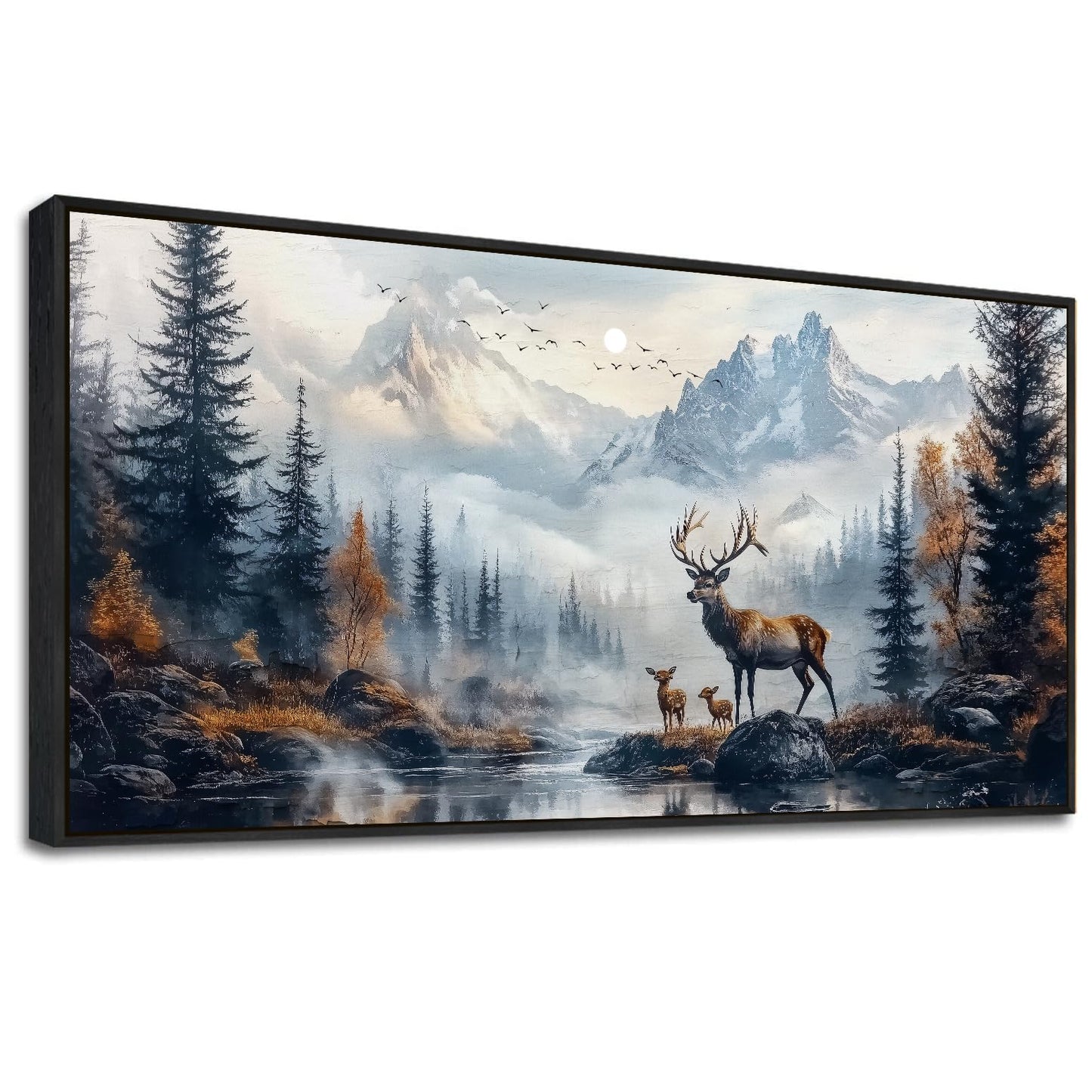 KELIYUAN Canvas Wall Art For Living Room Black Framed Wall Decor For Bedroom Office Prints Pictures Elk Foggy Mountain Landscape Painting Scenery Stretched and Framed Wall Art Home decor 20"X40"