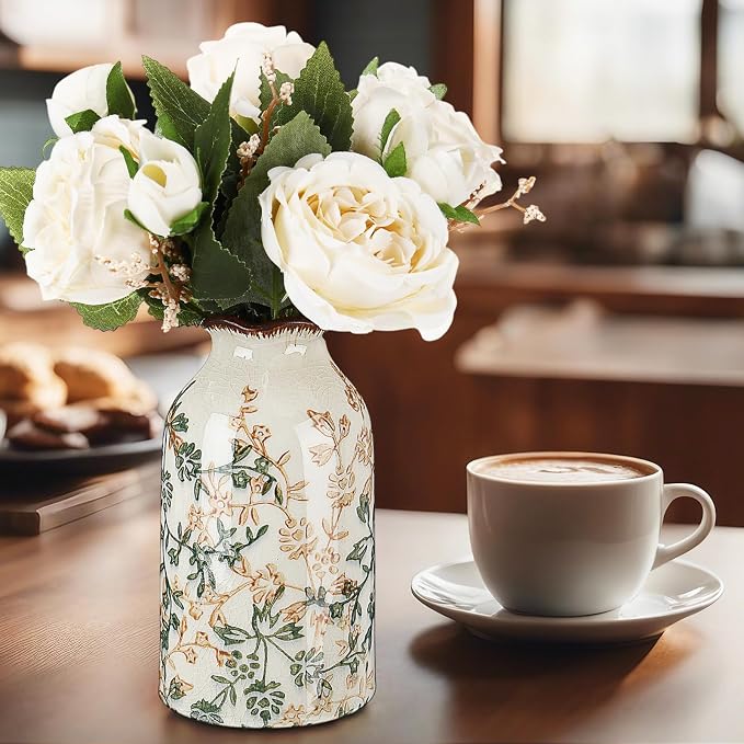 Green Vintage Vase Ceramic Crackle Floral Vase for Farmhouse Retro Home Bookshelf Living Room Table Centerpiece Decor(Rustic)