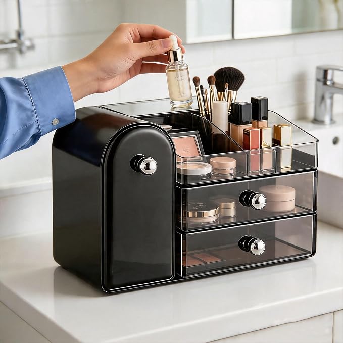 Makeup Organizer with Makeup Brush Holder, Cosmetic Organizer with 2 Drawer for Lipsticks, Perfumes, Eyeshadow Palettes and Nail Polishes (Black)