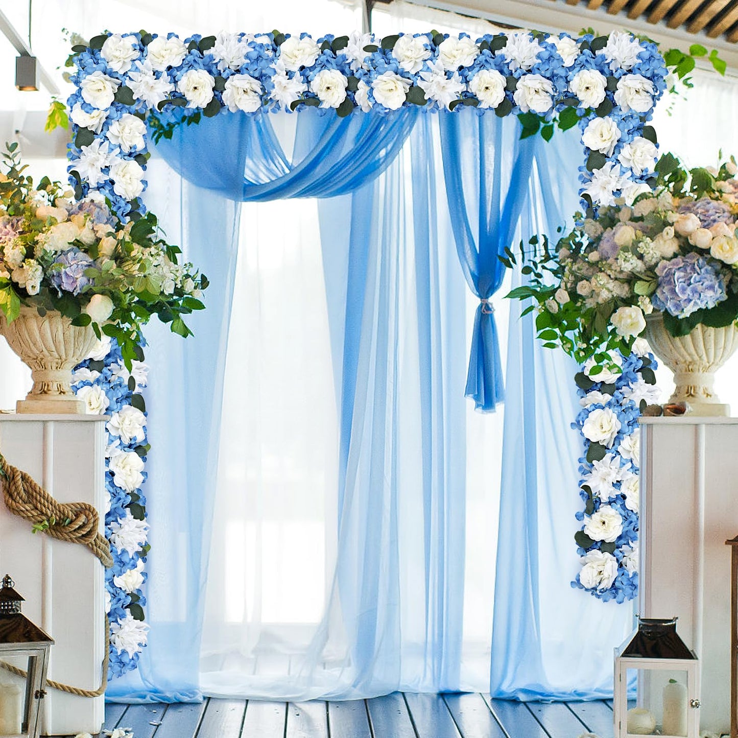 DIYDOFUN Wedding Arch Decorations, 18 inch Pack of 6 Artificial Flower Table Centerpieces Floral Arrangement for Wall Backdrop Party Bridal Shower Event Decor - White & Blue