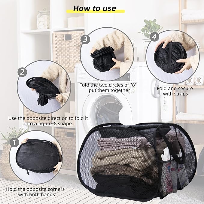 Collapsible Laundry Basket, 90L Foldable Pop-up Laundry Hamper with Handles, Mesh Dirty Clothes Hamper for Laundry, Bathroom, Kids Room, Dorm,Travel or Camping (Black)