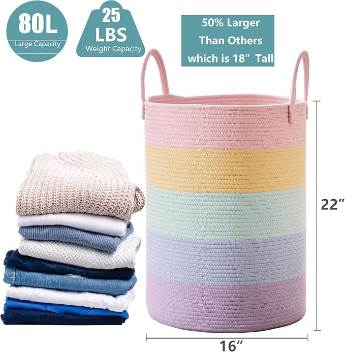 80L Extra Large Rainbow Laundry Hamper for Baby Girls Clothes Tall Woven Laundry Basket for Kids Nursery Toy in Playroom Blanket Basket for Living Room Bedroom 16"D x 22"H Pastel Unicorn