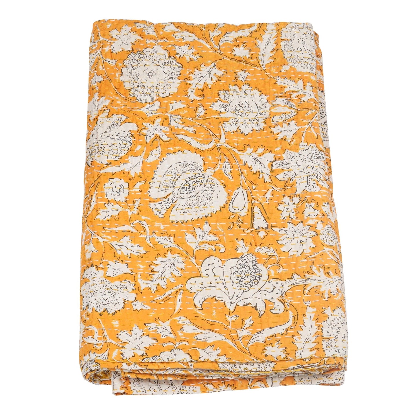 Marubhumi Indian Handmade Traditional Hippie Floral Print Kantha Quilt Indian Cotton Bedding Throw Blanket Bespread Hand Stitched with Love (Yellow, Queen (90"x 108"))