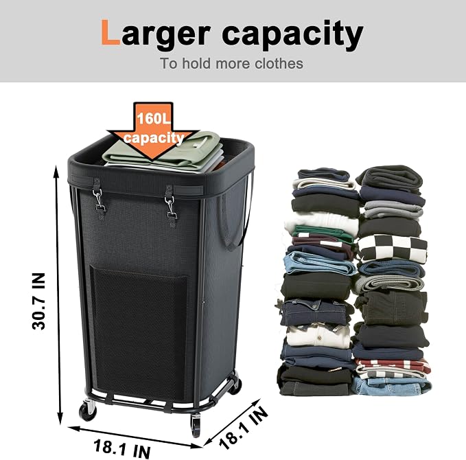 Laundry Basket with Wheels Rolling Laundry Basket, Removable Laundry Bag Design for Daily Use in Bathrooms and Laundry Rooms (Black, 160L)