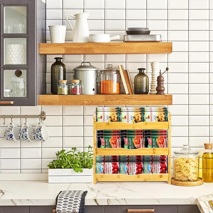 TOPZEA Soda Can Rack Organizer for Pantry, 3 Tier Bamboo Stackable Can Goods Storage Dispenser Shelf Canned Food Holder Stand for Kitchen Coutertop, Cabinet, Hold up to 36 Cans