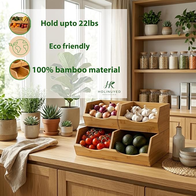 Bamboo Pantry Storage Bins Set of 3, Stackable Potato and Onion Storage Bin, Produce Organizer for Pantry, Wooden Fruit Vegetable Storage Bins with Handles & Slide-Out Access