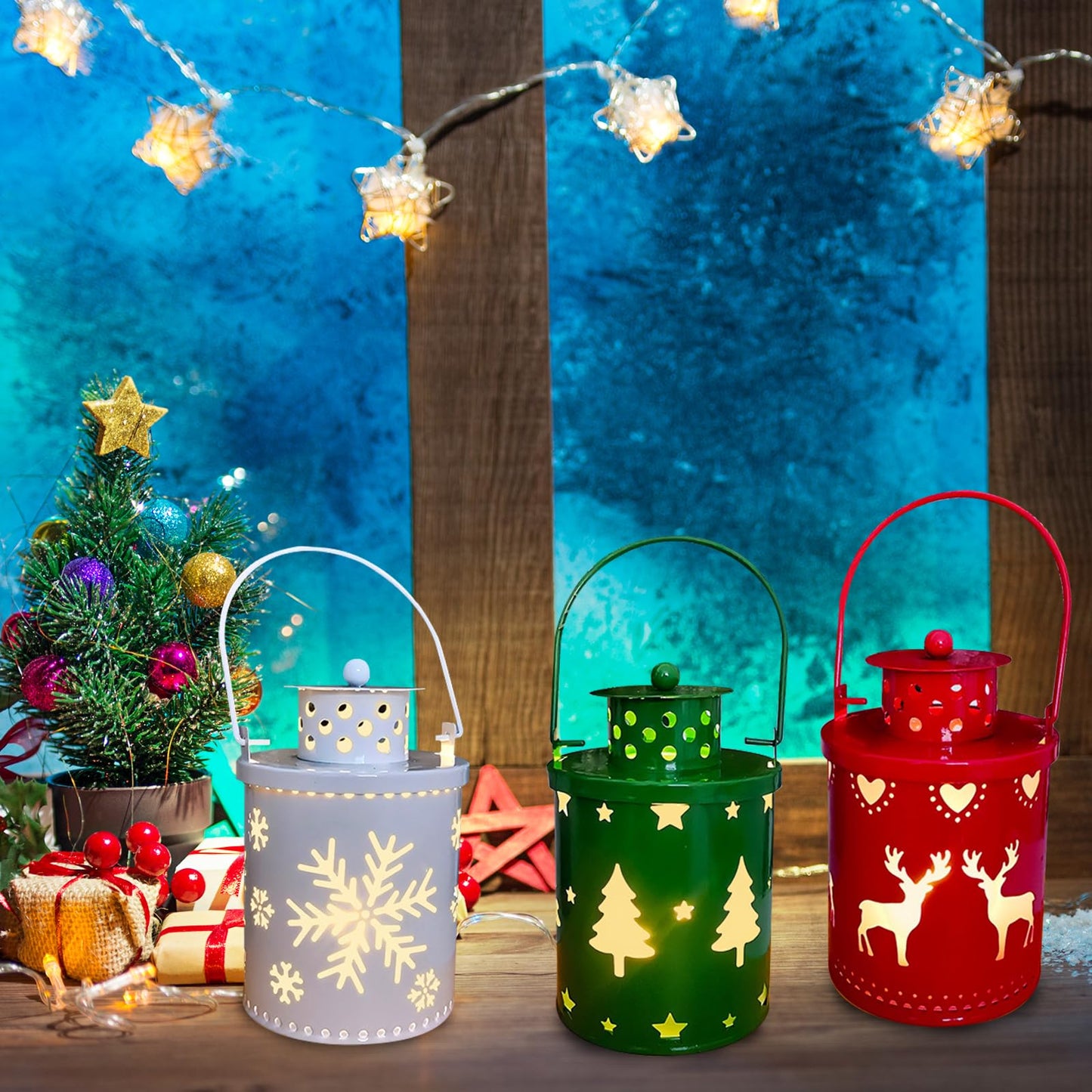 YBB 3 Pack Christmas Decorative Lantern Lights, Flameless Battery Operated Hanging Metal LED Candles Lanterns for Christmas Centerpiece Table Indoor Outdoor Party Decoration