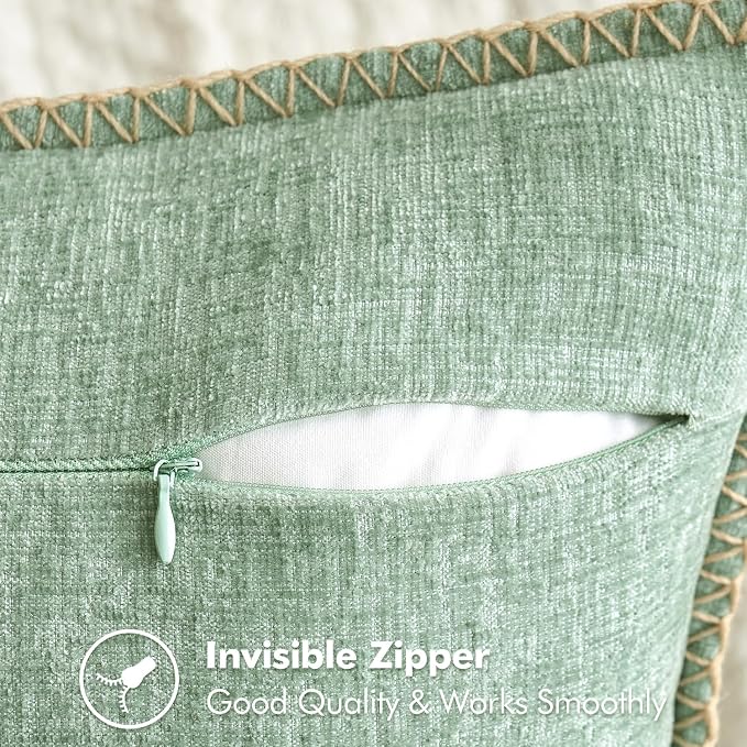 MIULEE Pack of 2 Summer Throw Pillow Covers 18x18 Inch Greyish Green Farmhouse Decorative Pillow Covers with Stitched Edge Soft Chenille Solid Dyed Pillow Covers for Couch Sofa Bed Living Room