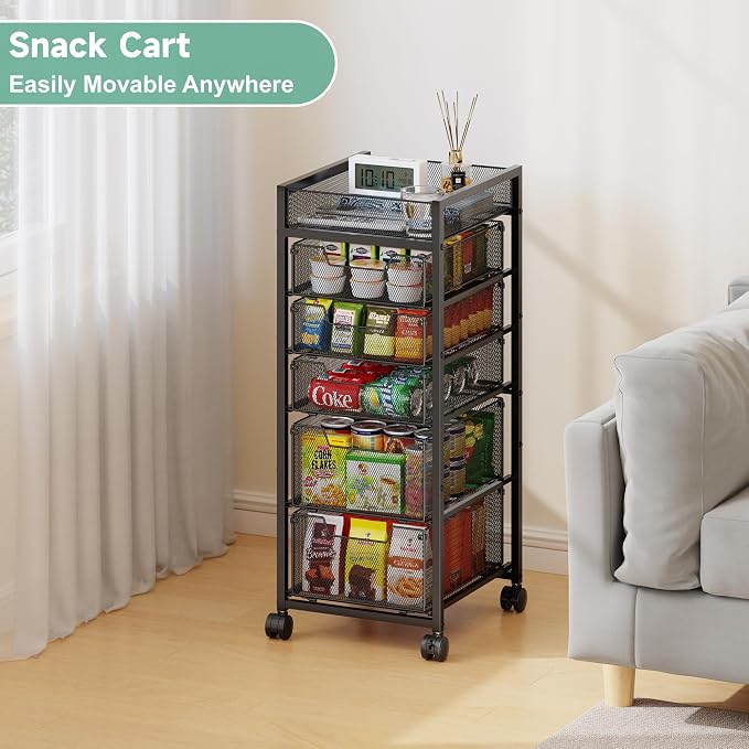 keomaisyto 6-Tier Kitchen Storage Cart with Top Basket & Drawers, Utility Fruit Vegetable Storage Rack on Lockable Wheels, Metal Rolling Snack Cart, Kitchen Organization for Potatoe Onion Can Spice