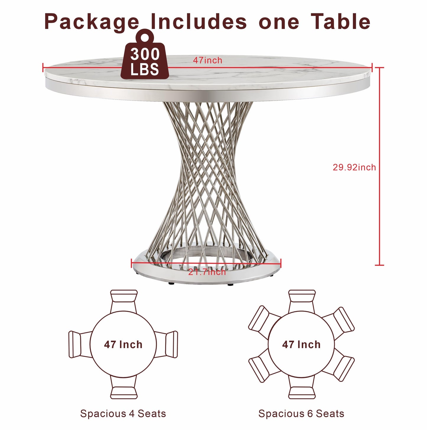 GlyphForm 47" Round Faux Marble Dining Table for 4 to 6, Luxury Modern White Kitchen Table with Silver Stainless Steel Spiral Base Frame,easy to clean Heavy Duty Dining Room Table for Home Office,MDF