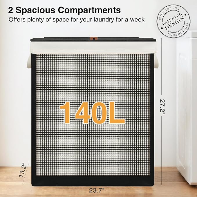 STO STO Double Laundry Hamper with Lid, 140L Large 2 Section Laundry Sorter, Laundry Basket with Removable Washable Canvas Liner Bag, Breathable Clothes Hamper for Bedroom Bathroom Laundry Room Closet