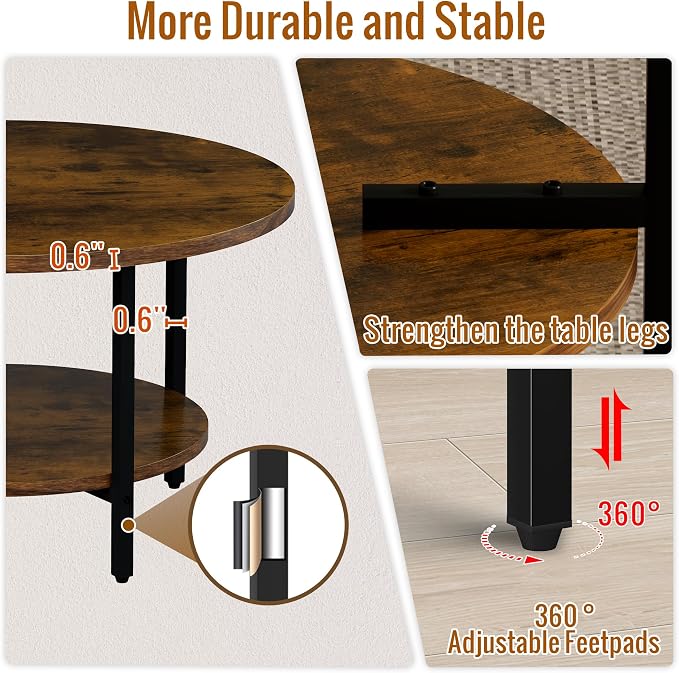 FAMIDGE Round Coffee Table, 27.6" Circle Coffee Table for Living Room, 2-Tier Wood Accent Center Table with Open Storage Industrial Design Home Furniture, Rustic Brown