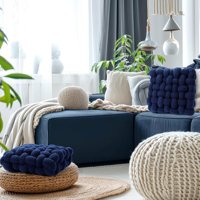 Wenqik 2 Pcs Knot Pillows Square Knotted Plush Throws Soft Accent Pillows Decoration Cushion for Couch Home Office Living Room Bedroom Bed Sofa Decor, 12'' x 13''(Navy Blue,Lambswool)