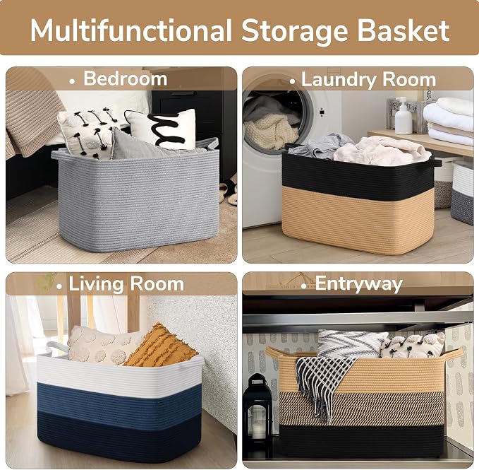 Goodpick Large Woven Blanket Basket 23.6" x 15.7" x 13.8" Cotton Rope Storage Organizer for Dirty Clothes Pillows, Wicker Storage Basket for Living Room Bedroom, Black & Jute