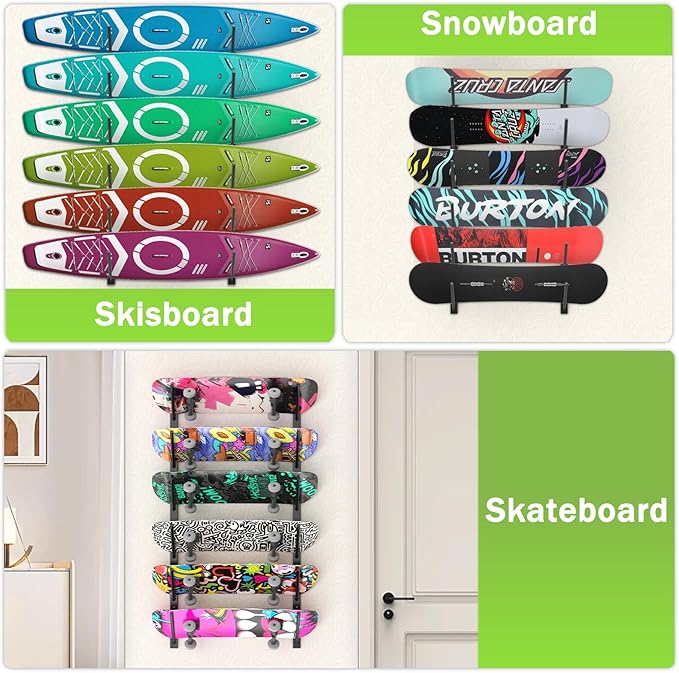 Skateboard Wall Mount, 6-Tier Skate Board Rack Wall Mount, Snowboard Storage Longboard Deck Organizer, Skateboard Wall Display Hanger Holder