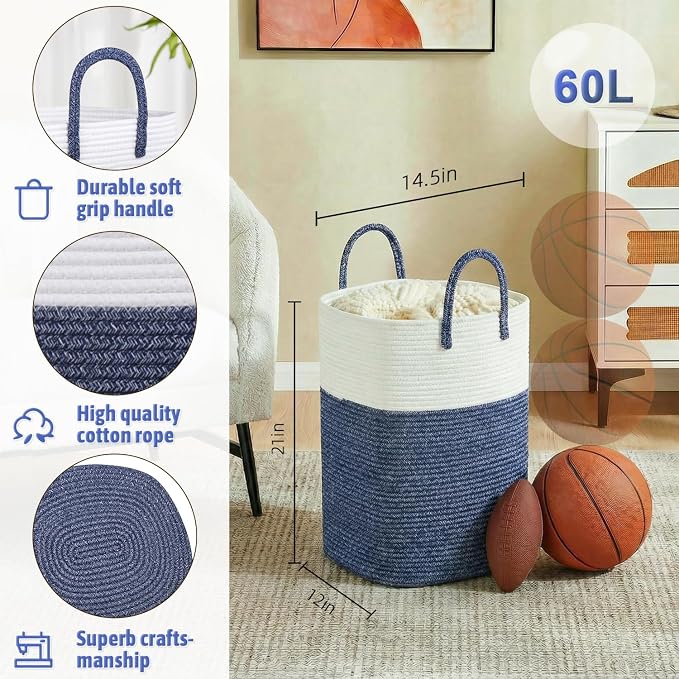 Laundry Basket,Woven Cotton Rope Laundry Hamper,Versatile Storage for Dirty Clothes,Baby Toys,and Blankets in Bathroom, Nursery,and Living Room (Blue, 60L)